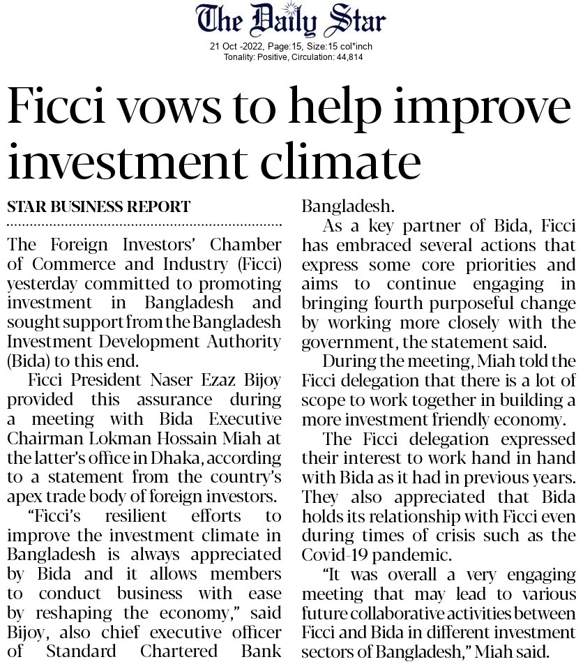 Foreign investors’ chamber to continue investment promotion in Bangladesh