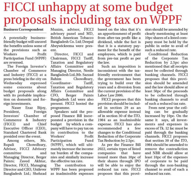FICCI unhappy at some budget proposals including tax on WPPF